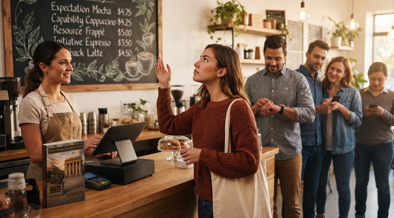 A customer hesitates to answer a simple question while a line waits behind them